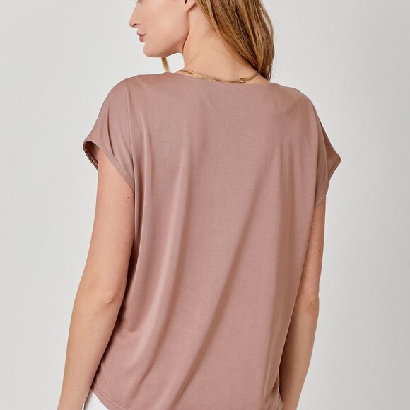 MYSTREE Mauve V-Neck Blouse Top, Soft Stretchy Short Sleeve Basic Tee Minimalist - Picture 3 of 4
